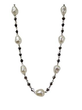 White pearl and gray glass bead necklace with textured white beads New